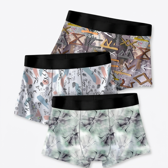 Men's Premium Printed Boxer Briefs – 3 Pack (Mythos Rune, Urban Script & Fractal Mint)